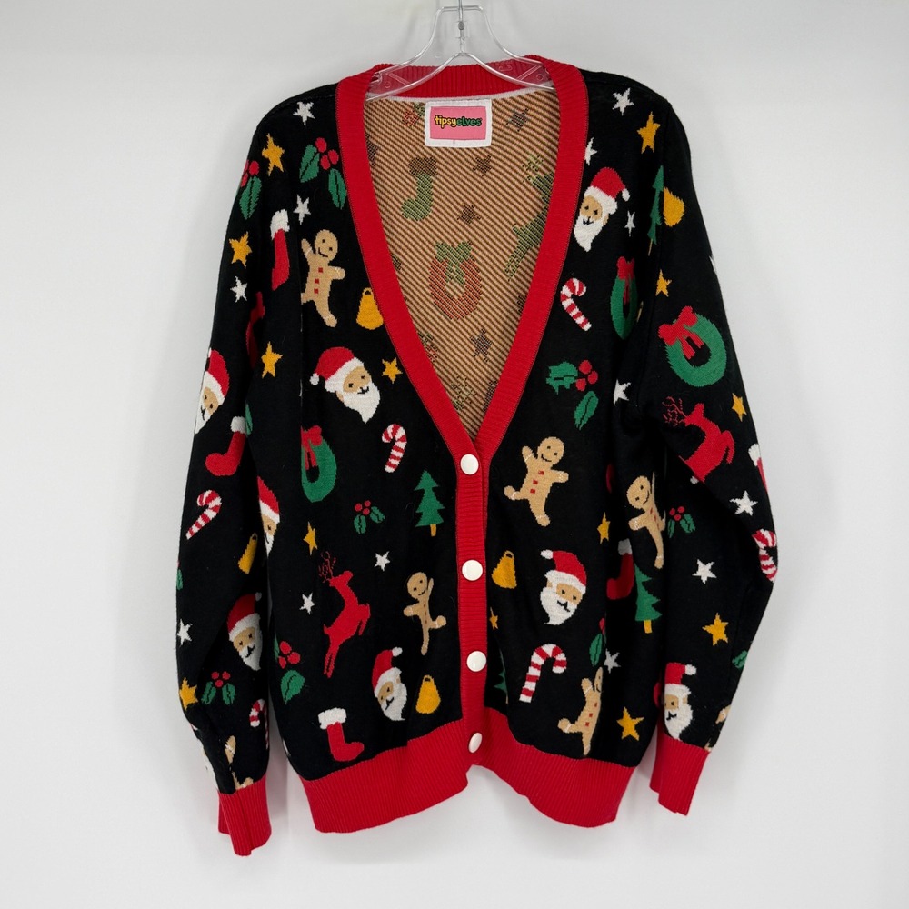 Tipsy Elves Black Ugly Christmas Sweater Cardigan Santa Gingerbread Mens XXL